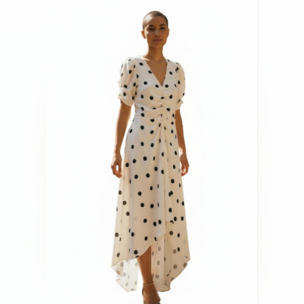 FIRM PRICE A new day cream black polka dot high low v neck ruched dress size XS